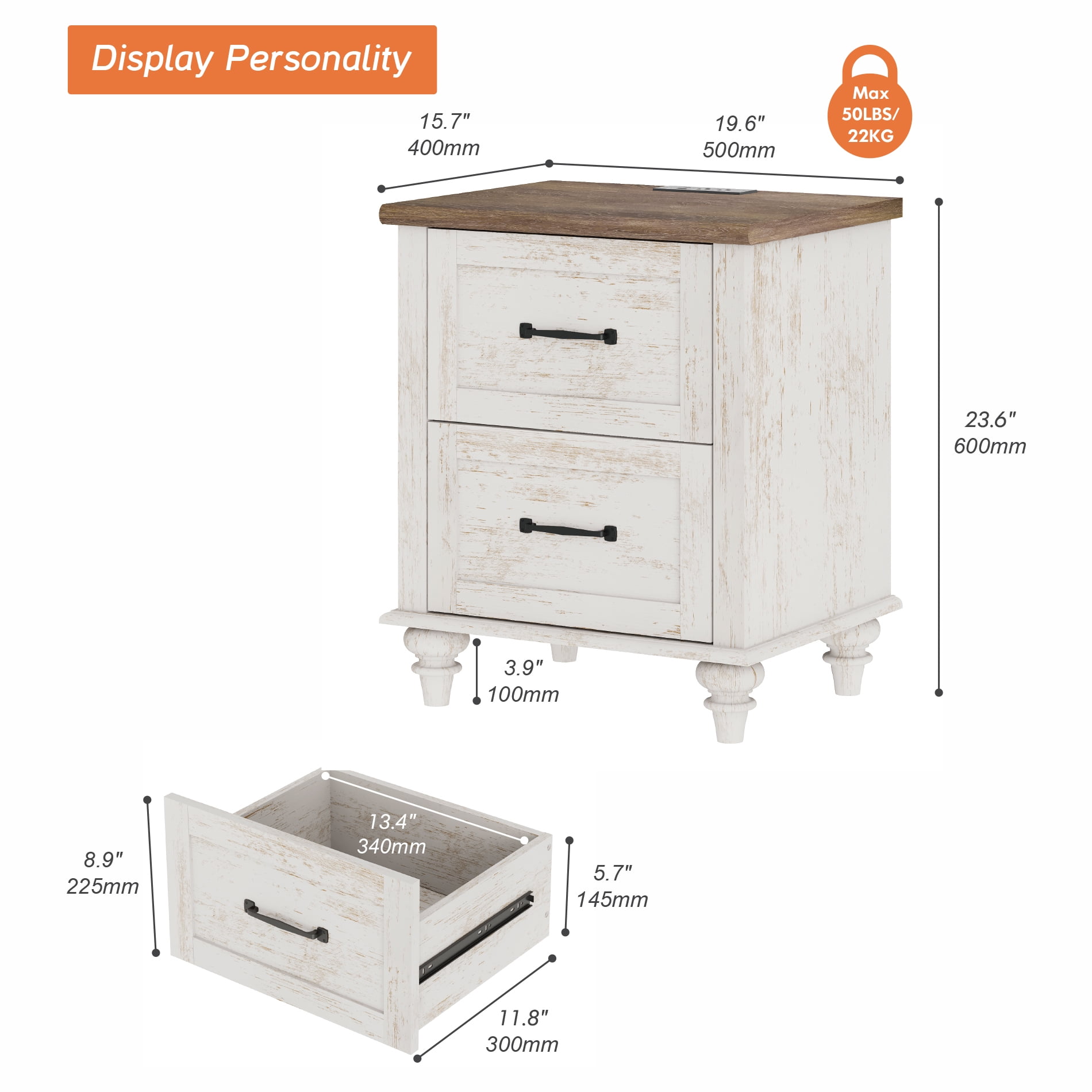 Antique White Side Table with 2 Drawers, Rustic End Table with Charging Station, Wooden Nightstand for Bedroom, Living Room
