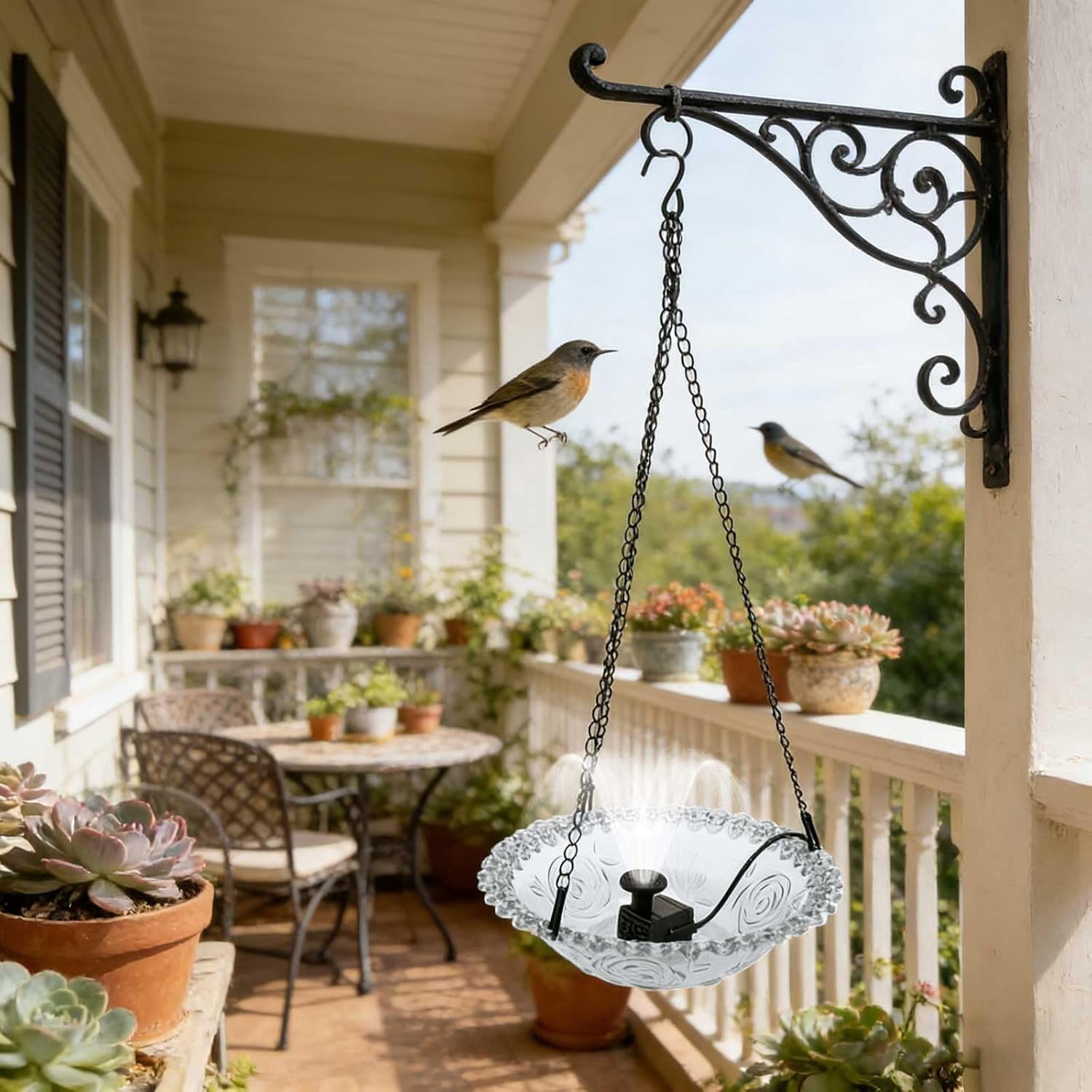 Solar Hanging Bird Bath with Fountain Pump, 12-inch Colorful Glass Birdbath Bowl with Metal Chains for Outdoor Garden, Backyard & Patio Decor (K)