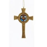 4.5" Decorative Gold Round Cross with Faux Stained Glass Hanging Christmas Ornament