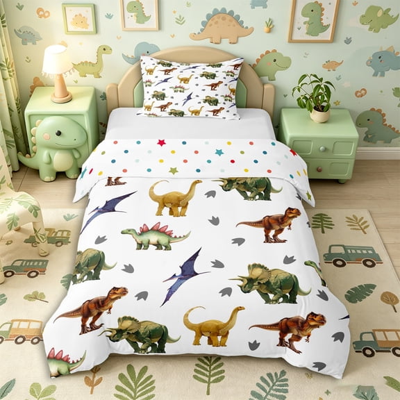 Metsweet Animal Dinosaur Twin Duvet Cover, Jungle Wildlife Twin Bedding, Green Brown Gray,2pcs,1 Duvet Cover and 1 Pillowcase