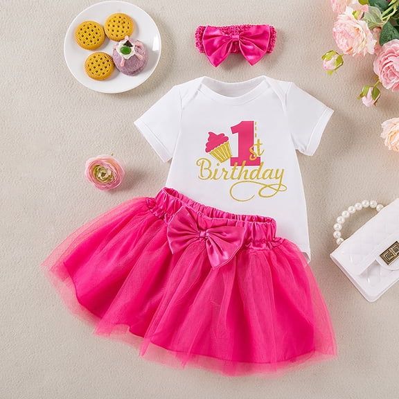 HAYIMI Kids Baby Girl's 1st Birthday Outfit Sets Letter 1 O-Neck Short Sleeve Romper   Tutu Skirt With Hair Bow | Cute Photoshoot Party Dress Summer Cotton Blend Comfort Child Cartoon Clothes Sets
