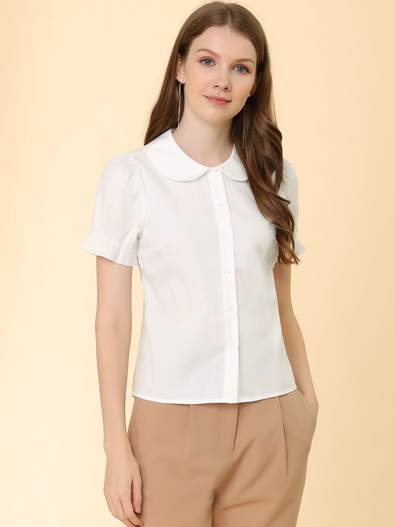 DARING DIVA Women's Puff Sleeve Peter Pan Collar Tie Neck Button-Up Shirt L White
