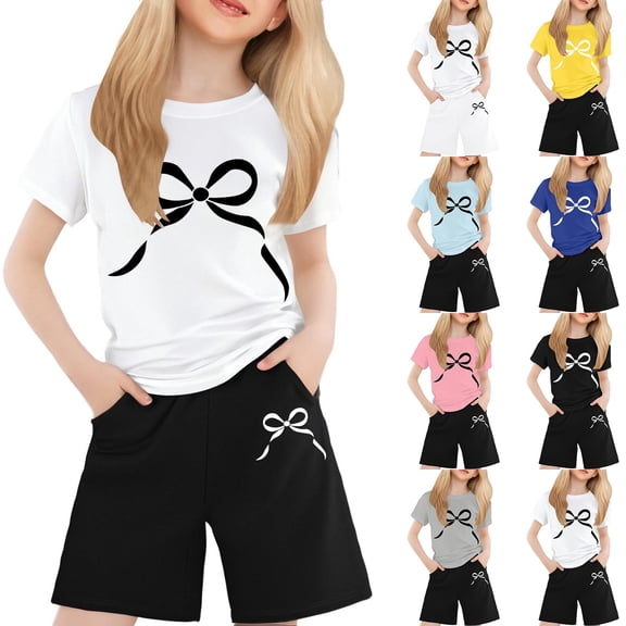 LRen Girls Outfits Size 10-12 Cartoon Print Short Sleeve Tee and Shorts Crewneck Casual Holiday T Shirt Short Pants 2 Piece Suit Back To School Clothes