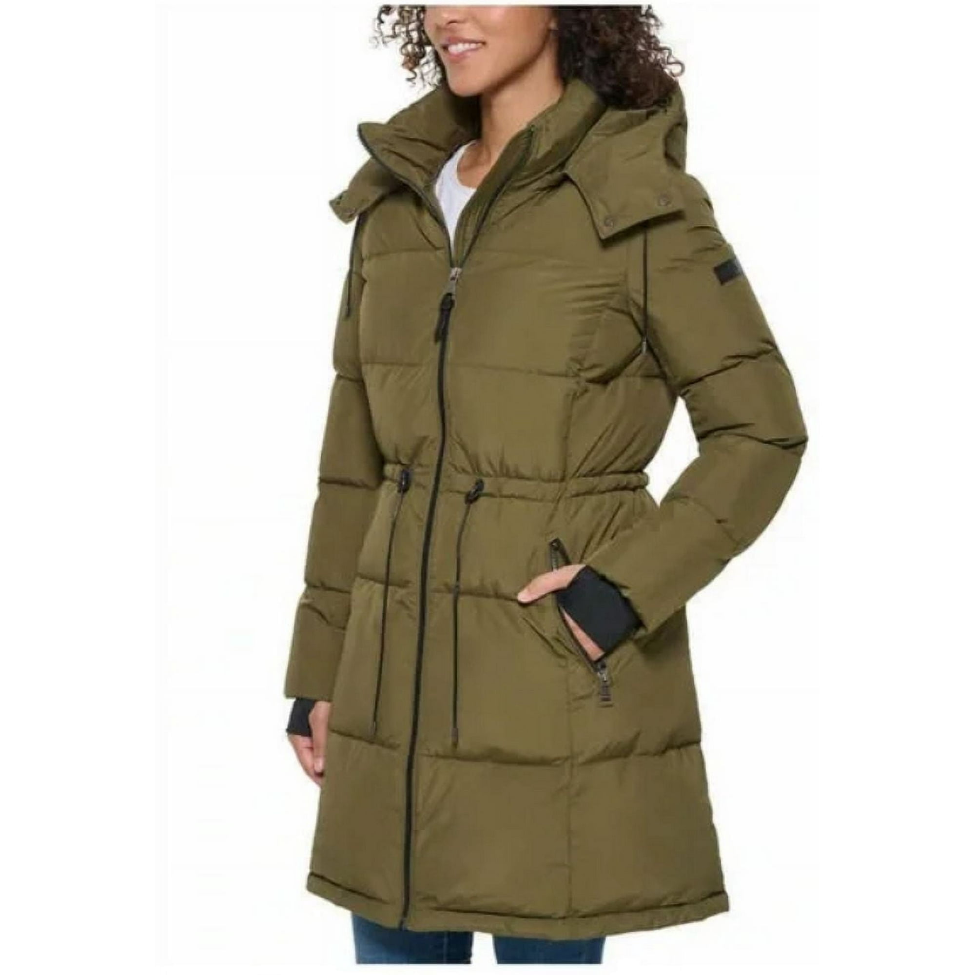 DKNY Womens Long Puffer Parka Jacket Olive Green S