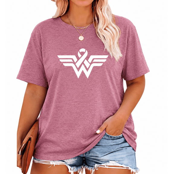 KimSoong Women Plus Size Pink Breast Cancer Awareness T-Shirt,Ribbon Logo Graphic Tee