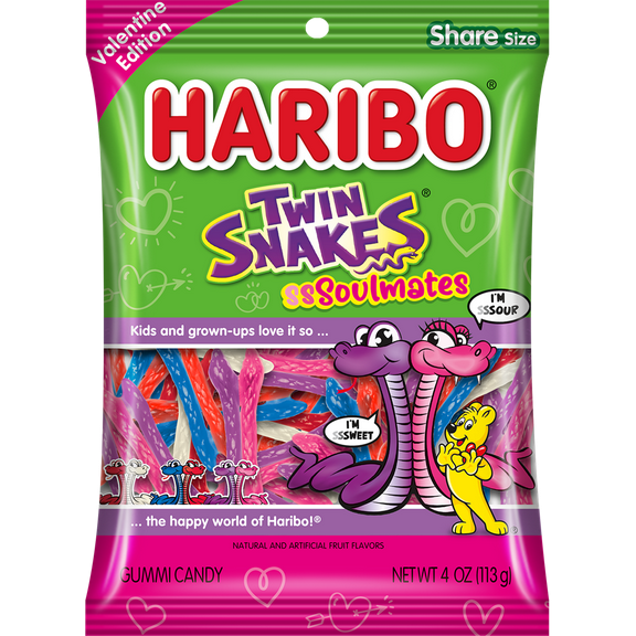 HARIBO Twin Snakes Soulmates Valentines Gummy Candy Share Size Peg Bag 4oz