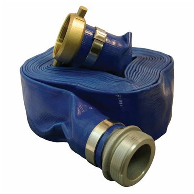 Apache 98138015 1-1/2" x 50' Blue PVC Lay-Flat Discharge Hose with Aluminum Pin Lug Fittings