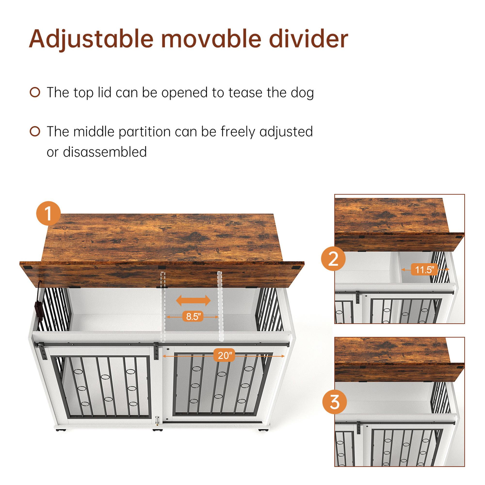 Pefilos 43" Sliding Door Dog Crate with Partition for Two Puppies, Furniture Style Dog Cage with Wheels, Brown Countertop Dog House Kennel for Indoor Dogs, White Pefilos 43" Sliding Door Dog Crate with Partition for Two Puppies, Furniture Style Dog Cage with Wheels, Brown Countertop Dog House Kennel for Indoor Dogs, White