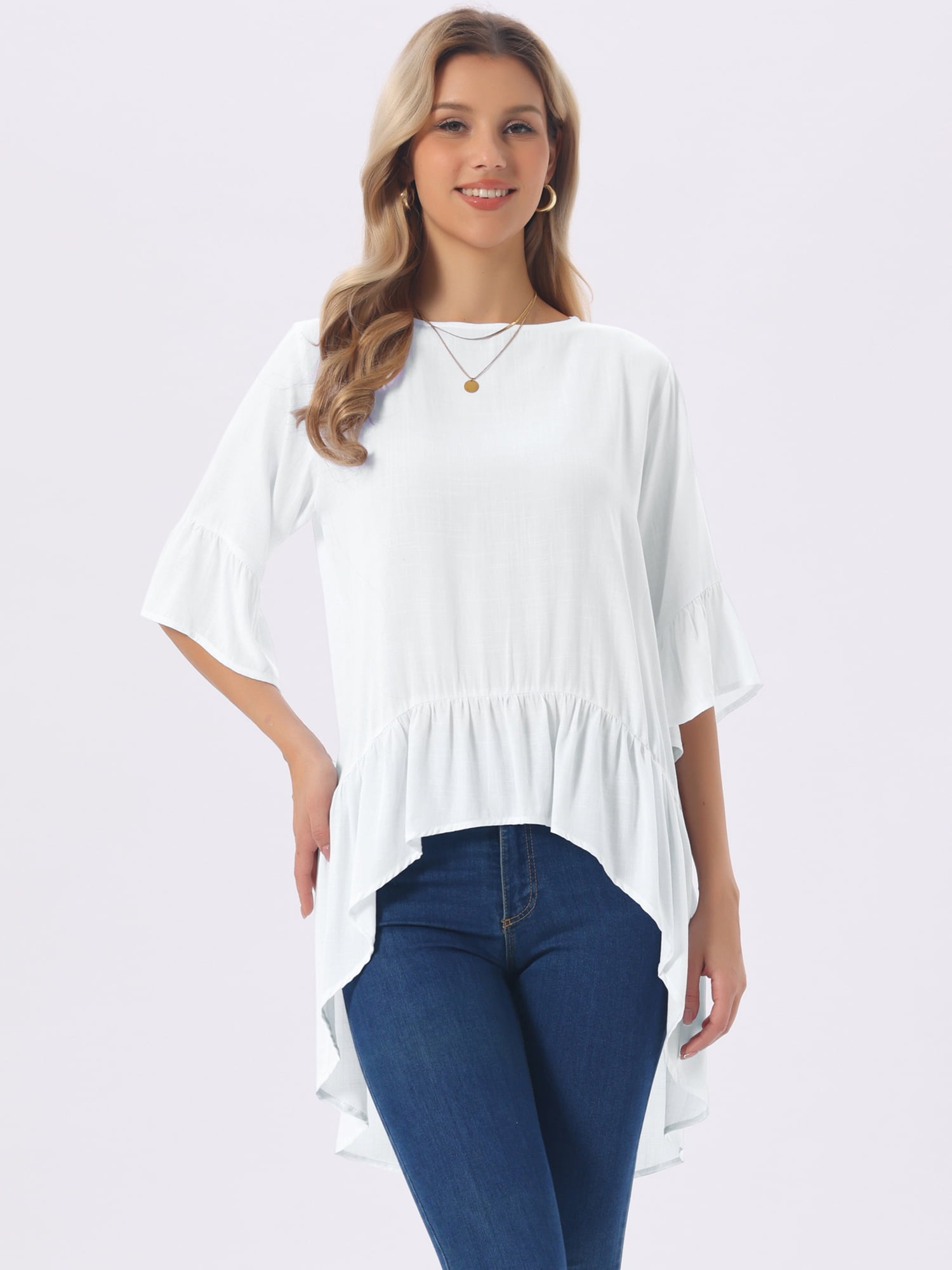 DARING DIVA Women's High Low Tops Bell Sleeve Crewneck Ruffle Blouse S White
