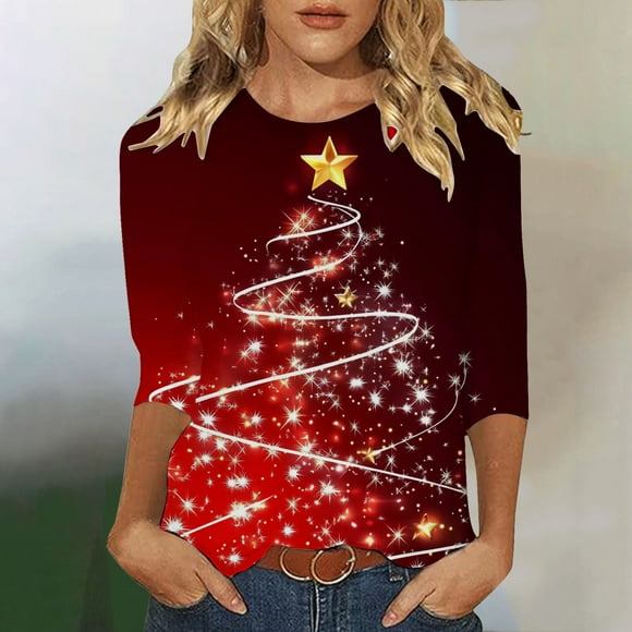 Horkkom Christmas Shirts for Women 3/4 Sleeve Christmas Tree Print Round Neck Loose Top T-shirt S