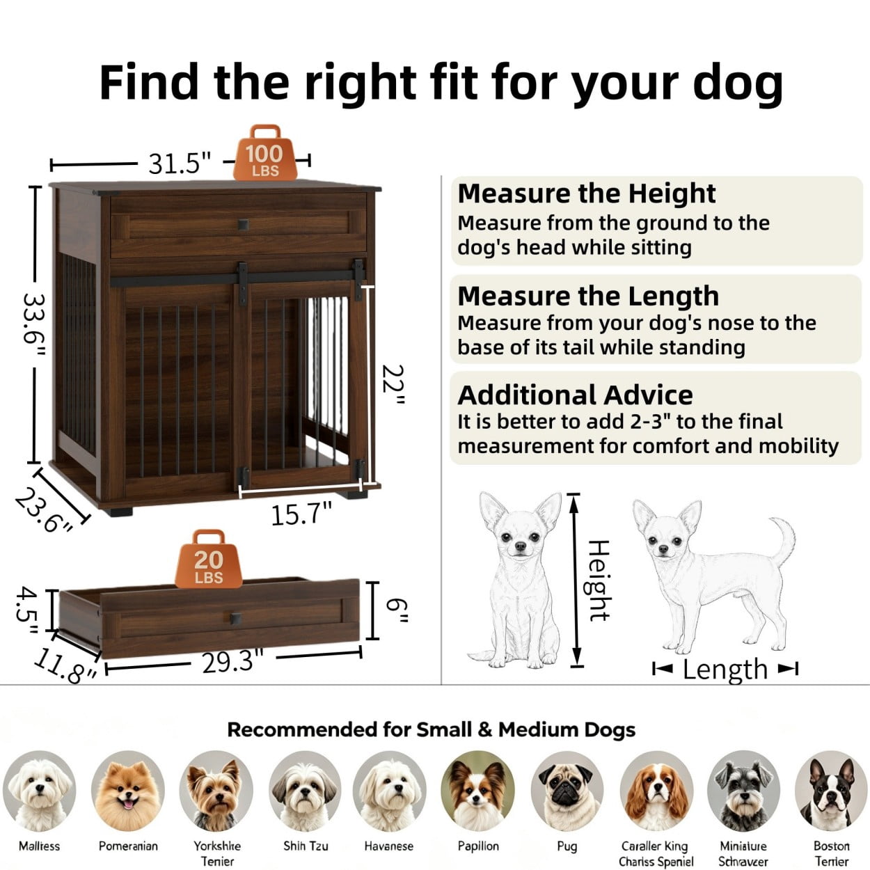 Dog Crate Furniture with Sliding Barn Door, Storage Drawer & Metal Bars, Heavy Duty Indoor Kennel End Table for Small & Medium Dogs, Walnut