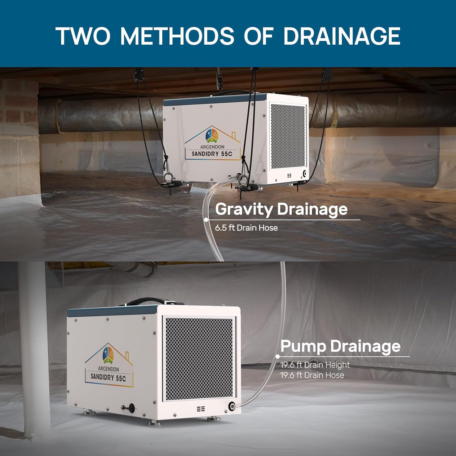 ARGENDON Commercial Dehumidifiers with Pump and Drain Hose for Crawlspace, Basement, 120 PPD Crawl Space Dehumidifier for Large Spaces, Job Site, Auto Defrost, 5-Year Limited Warranty