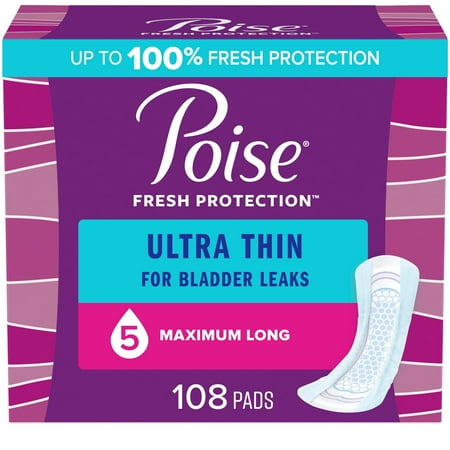 Poise Ultra Thin Incontinence Pads for Women  5 Drop  Maximum Absorbency  Long  108Ct