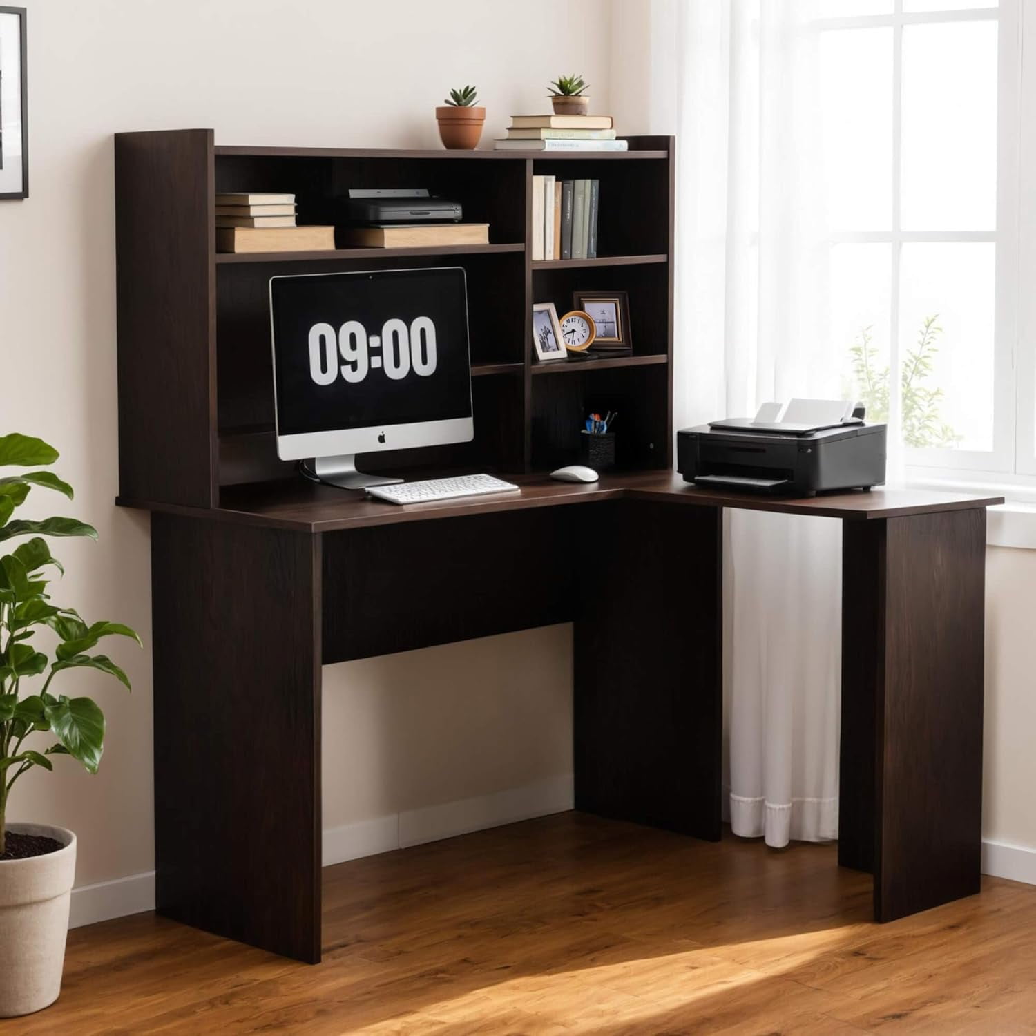 ivinta L Shaped Office Desk with Storage Shelves, 47.2" Modern Corner Computer Desk with Storage hutch for Gaming Writing Study Wrok, Small Home Office Table for Bedroom Living Room,7194 (Dark Brown)