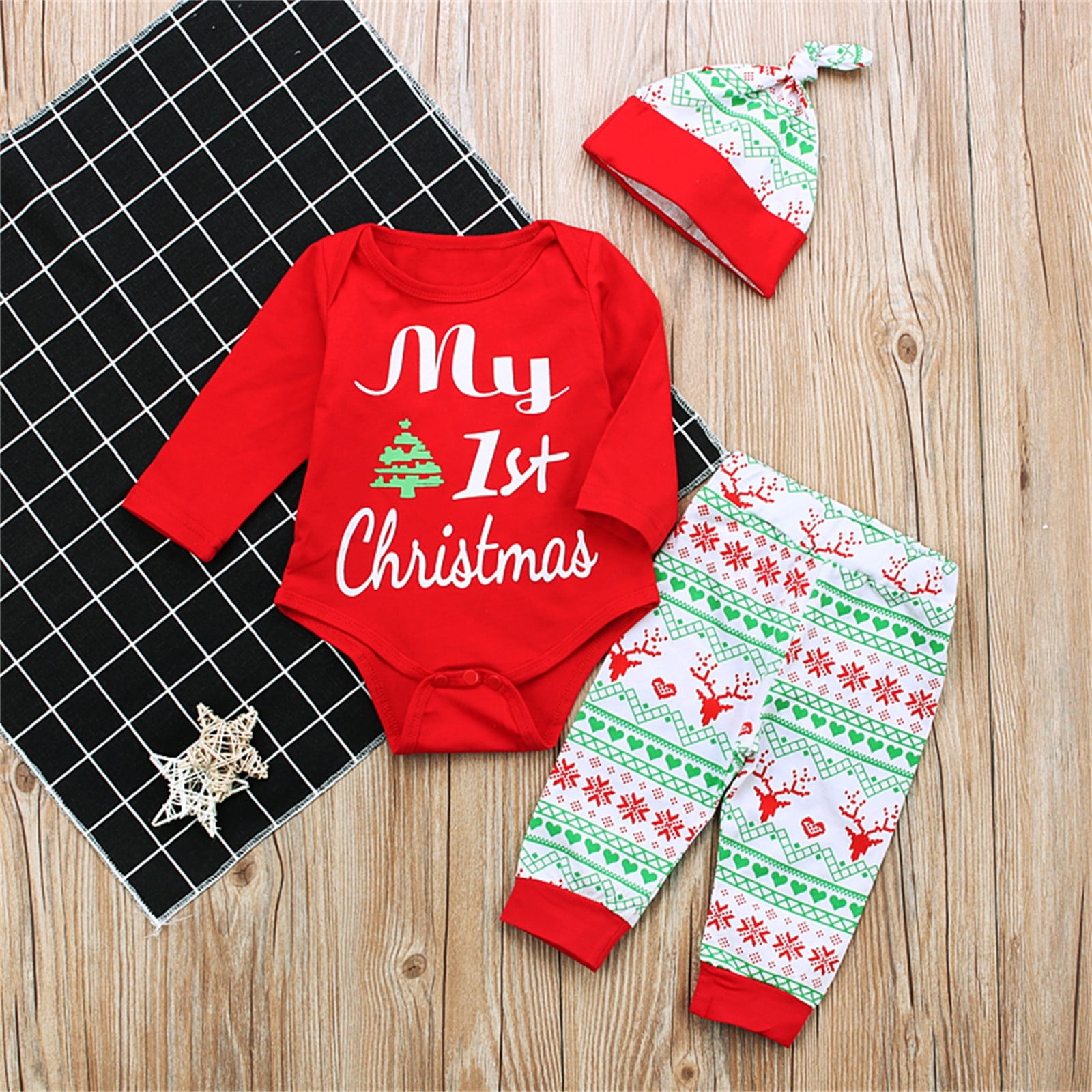 Otqutp Baby Boys Girls Pajamas Christmas Letter Long Sleeve Romper Deer Pants Hat Outfits Clothes Set Loungewear Sleepwear for 0 to 18 Months