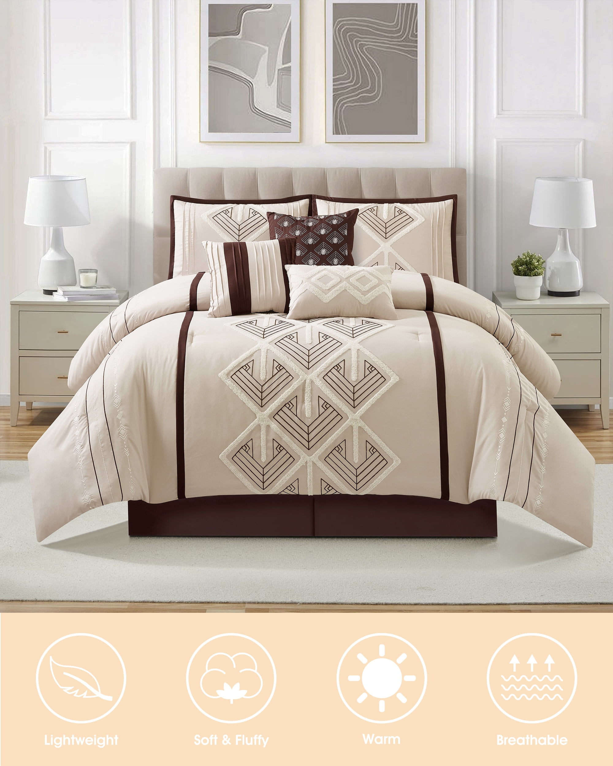 Lanco Brown Comforter Set King Size, 7 Piece, Terry Embroidery Geometric Home Decor, Matcking Bed Skirt, Pillows & Shams, All Season Bedding Set
