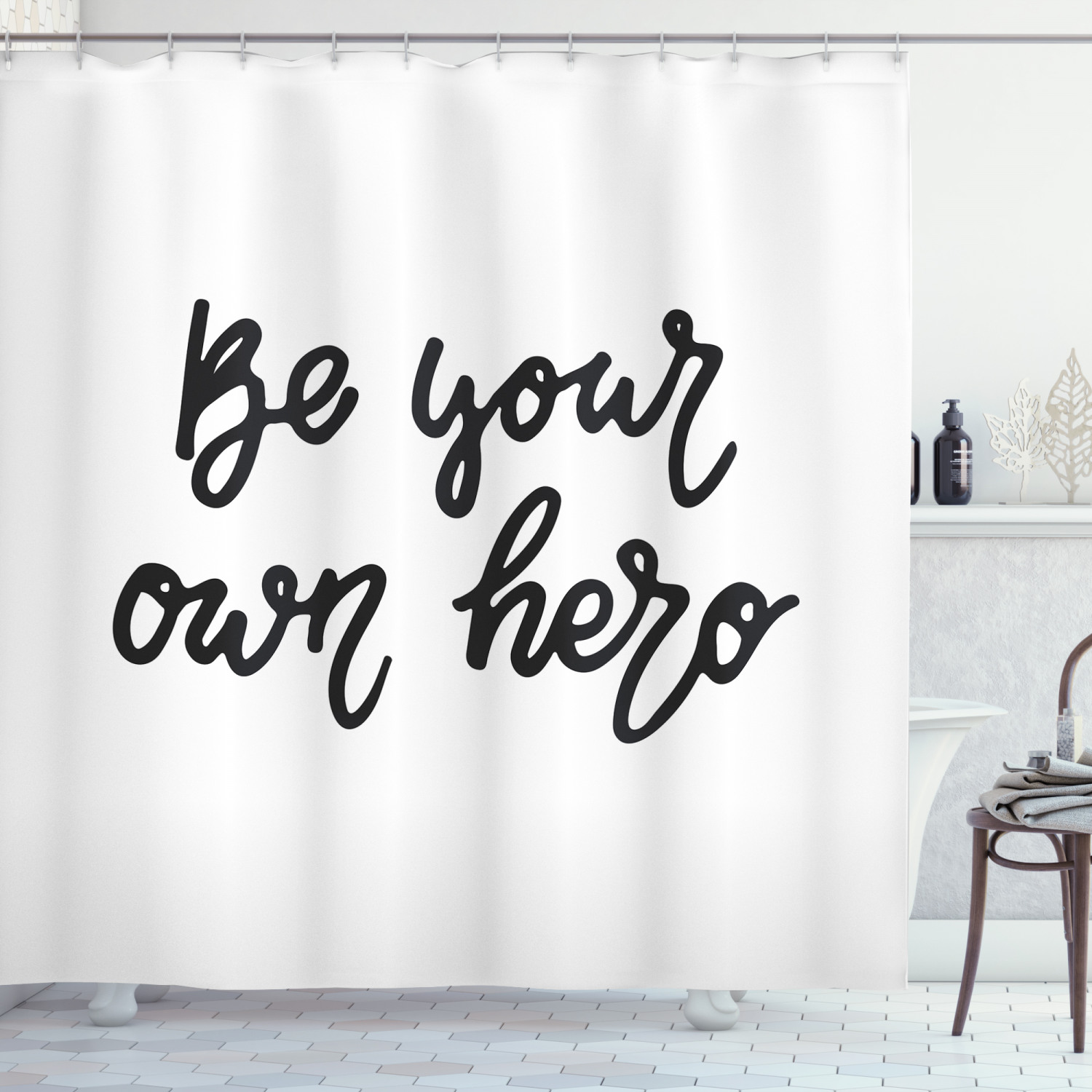 Girl Slogan Shower Curtain, Be Your Own Hero Inspirational and