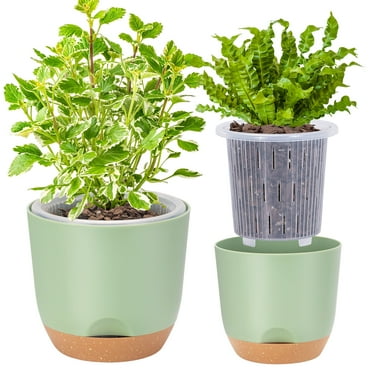 QCQHDU 7.2 Inch Self Watering Planters for Indoor Plants with Bottom Watering,2Pack Flower Plant Pots for Outdoor with Drainage, Durable Plastic planters Pots(Green)