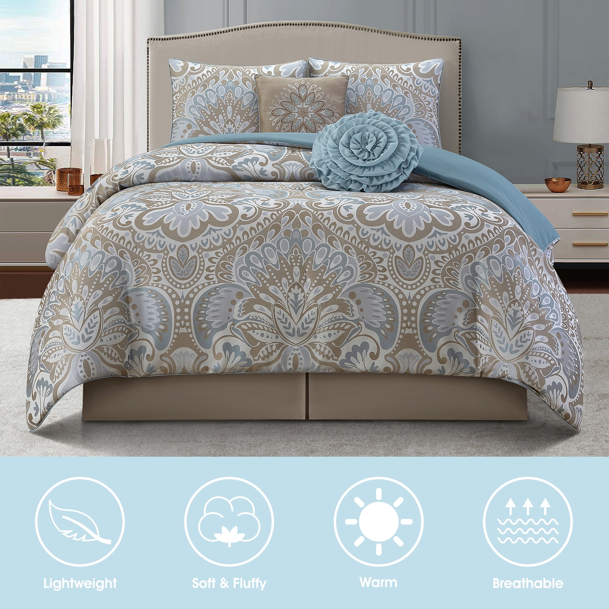 Lanco Blue Gold Queen Size Comforter Set , 6 Piece Floral Bedding Set , Pillow & Shams , Bedskirt , Soft Bedding Comforters & Sets