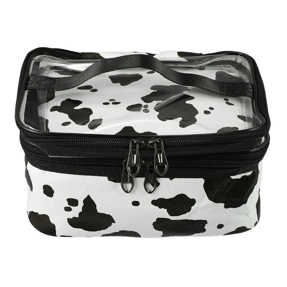 Unique Bargains 1 Pcs Double Layer Makeup Bag Cosmetic Travel Bag Make Up Organizer Bag for Women Cows Texture White