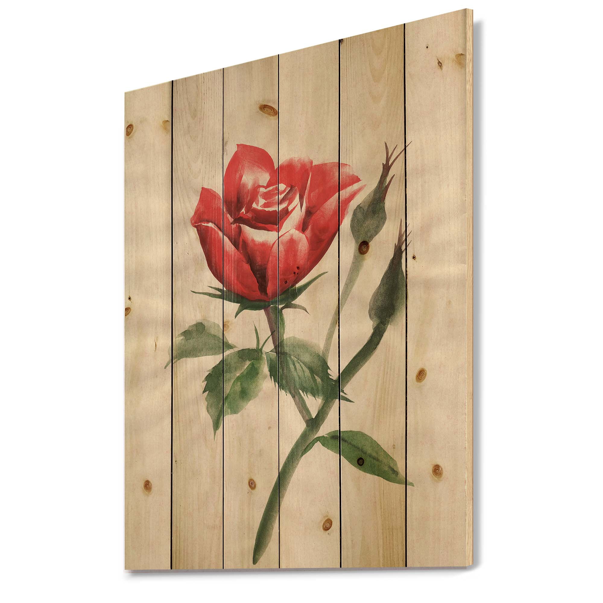 Designart 'Ancient Red Rose Flower II' Traditional Print on Natural Pine Wood