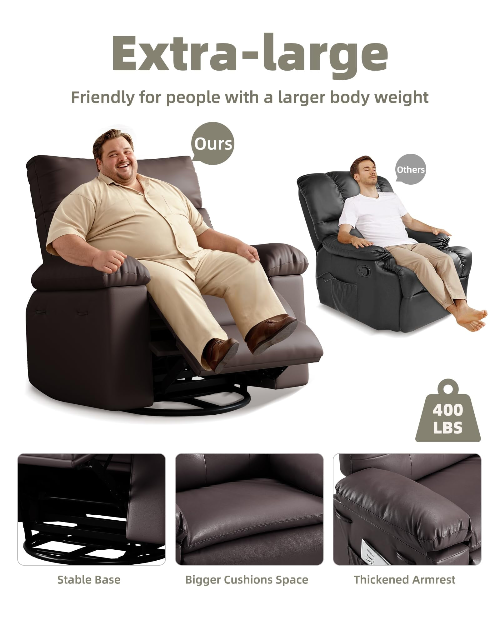 Oversized Rocker Recliner for Adults, Nursery Glider Recliner with Massage and Heating, Rocking Chair with 1.5X Sponge Comfort Arm and Back, Side Pockets, PU Leather Manual Recliner Chair