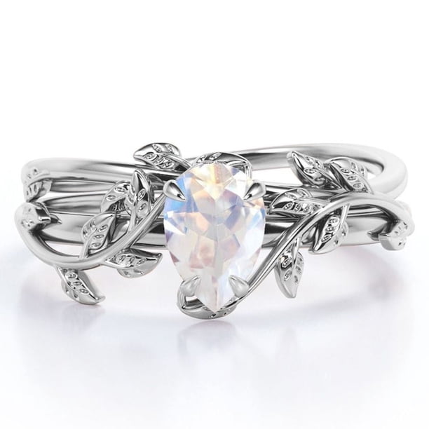 JeenMata Anillo Nupcial de Piedra Lunar Azul con Diseño de Hoja en Forma de Lágrima de 1 Quilate con Engaste en Garra en Baño de Oro Blanco de 18 K sobre Plata