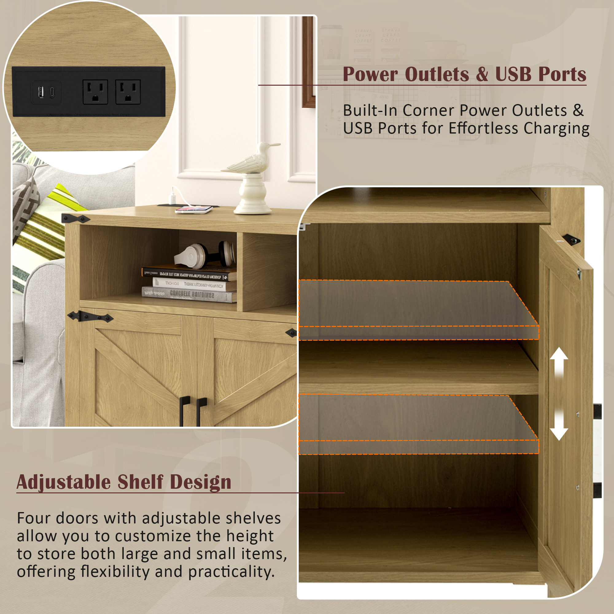 Euroco 59" Large Sideboard Buffet Cabinet with Storage, Wood Coffee Bar Station with Charging Station,Adjustable Shelves and Open Storage Shef for Living Room,Dining Room,Natural