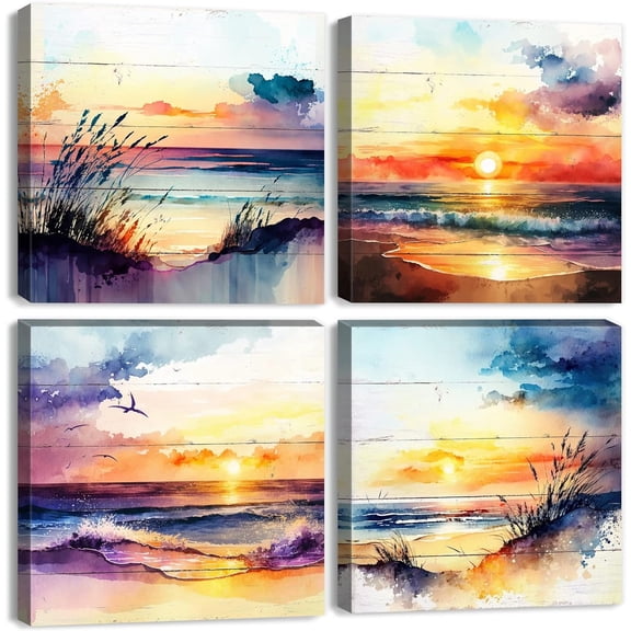 Sunset Beach Canvas Wall Art Abstract Coastal Seaside Landscape Paintings Bathroom Wall Decor 12x12" 4Pcs Watercolor Nature Tropical Ocean Seascape Prints Pictures Artwork for Living Room Decoration