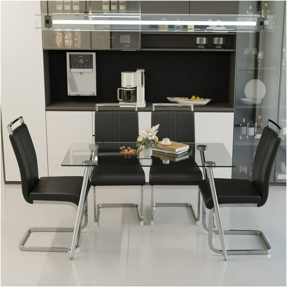 JERFIT 4-Piece Modern Glass Dining Table Set with Silver Legs, Kitchen Table & Chairs for Dining Room, Tempered Glass Top & PU Upholstered Armless Seating