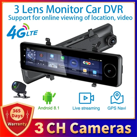 10.99" Car DVR 1080P 3 Camera Front/Cabin/Rear Cam 4G Android 2GB 32GB GPS WIFI ADAS 24h Parking Monitor Dash Cam With 64G card