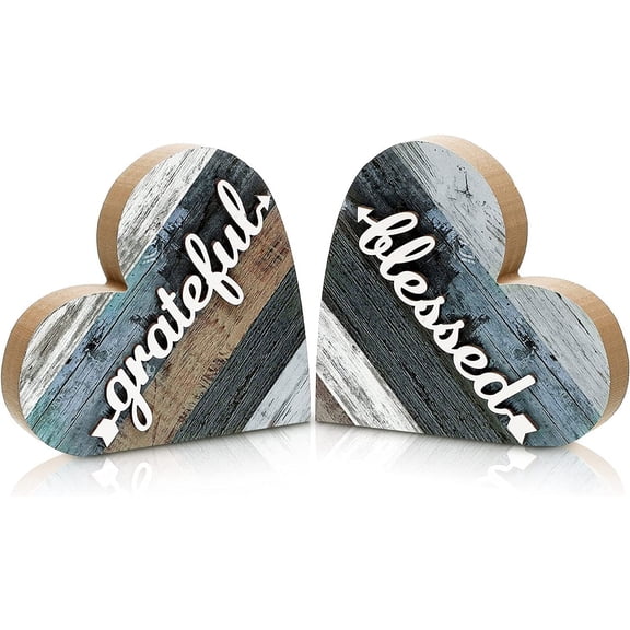 2 Pcs Rustic Wooden Heart Decor, Grateful Style For Farmhouse Valentine Display