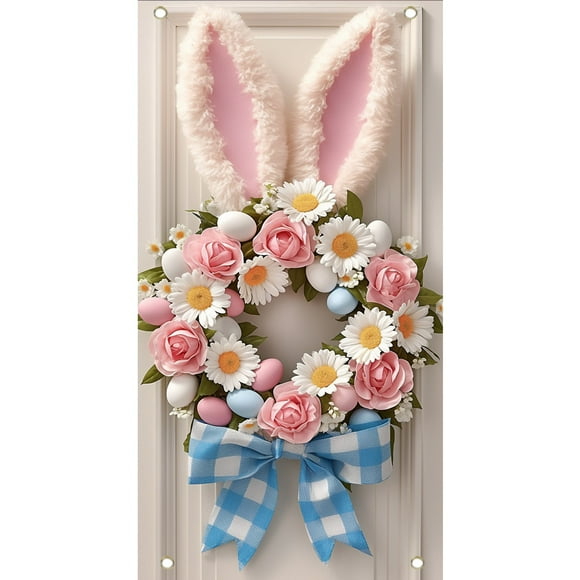 Lksixu Easter Decorations Easter Bunny Wreath Door Flag Door Hanging Door Cover Decoration Spring Easter Decor for Front Door Festive Easter Ornaments Spring Decor for Party Holiday