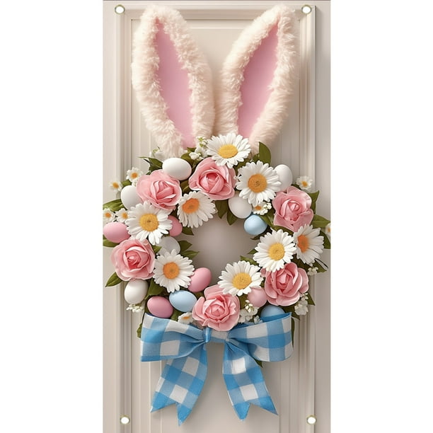 Cubierta de puerta de bienvenida de conejo, decoración de fondo de puerta de Feliz Pascua rosa, letrero de bienvenida para puerta de entrada de Pascua para recuerdos de fiesta de Feliz Pascua