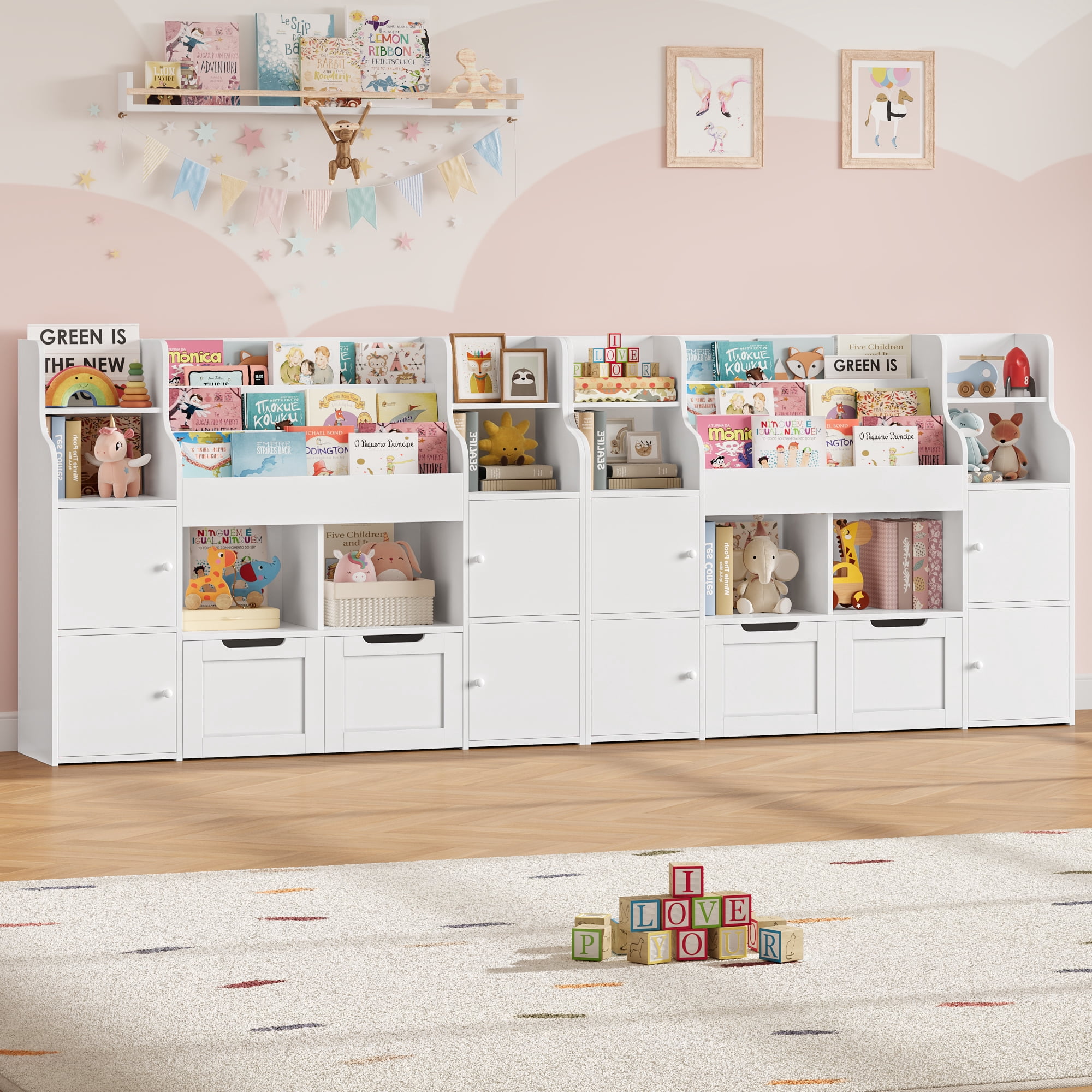 Homfa 4 Doors Kids Bookcase with 3 Tier Book Racks & 2 Mobile Drawers, 4 Cube Bookshelves Toy Storage Organizer for Playroom Kids Room, White
