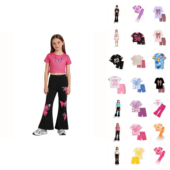 Girls Clothes 2 Piece Short Sleeve Bow Print Tops Flared Leg Pants Set Little Girl Outfits Size 5-14