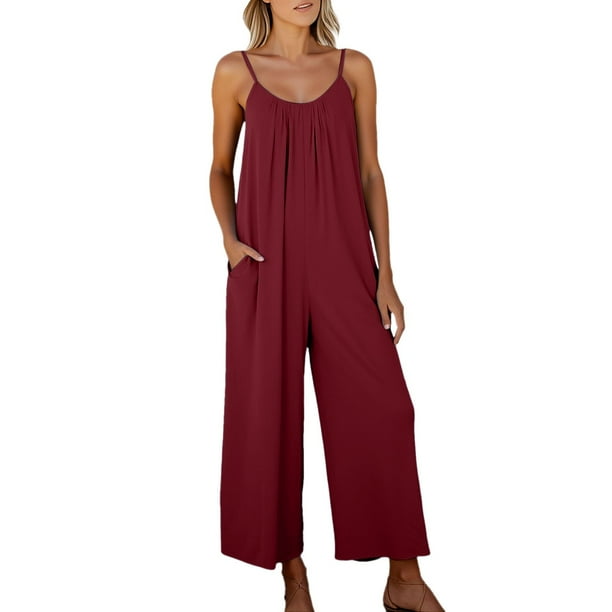 Mono para mujer: cómodo y holgado, sin mangas, tirantes ajustables, pierna ancha, bolsillos