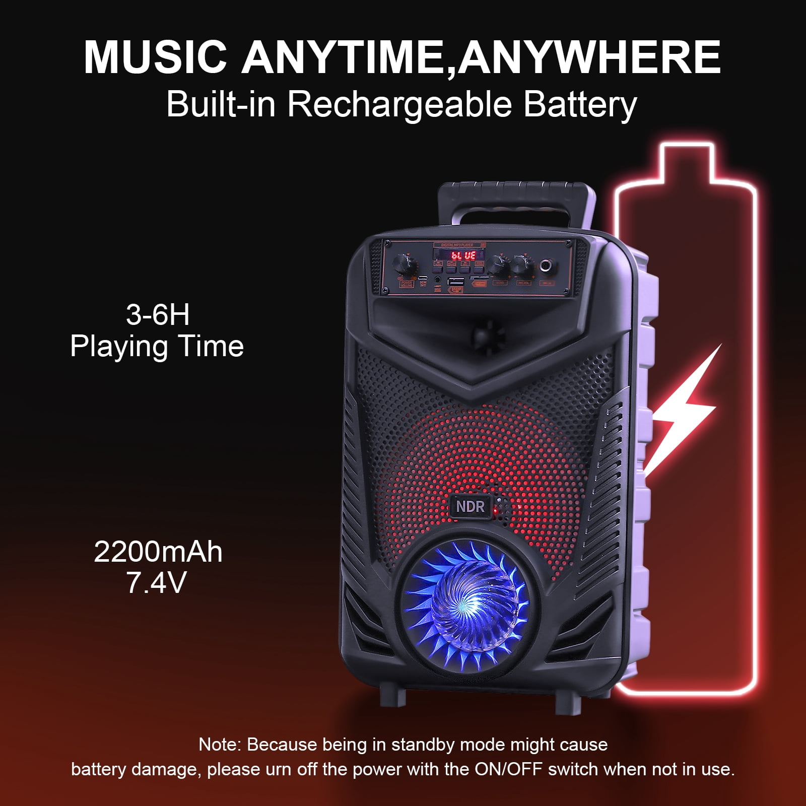 HONGGE LED Bluetooth Party Speaker Karaoke Machine Speaker with 8in. Subwoofer and Microphone
