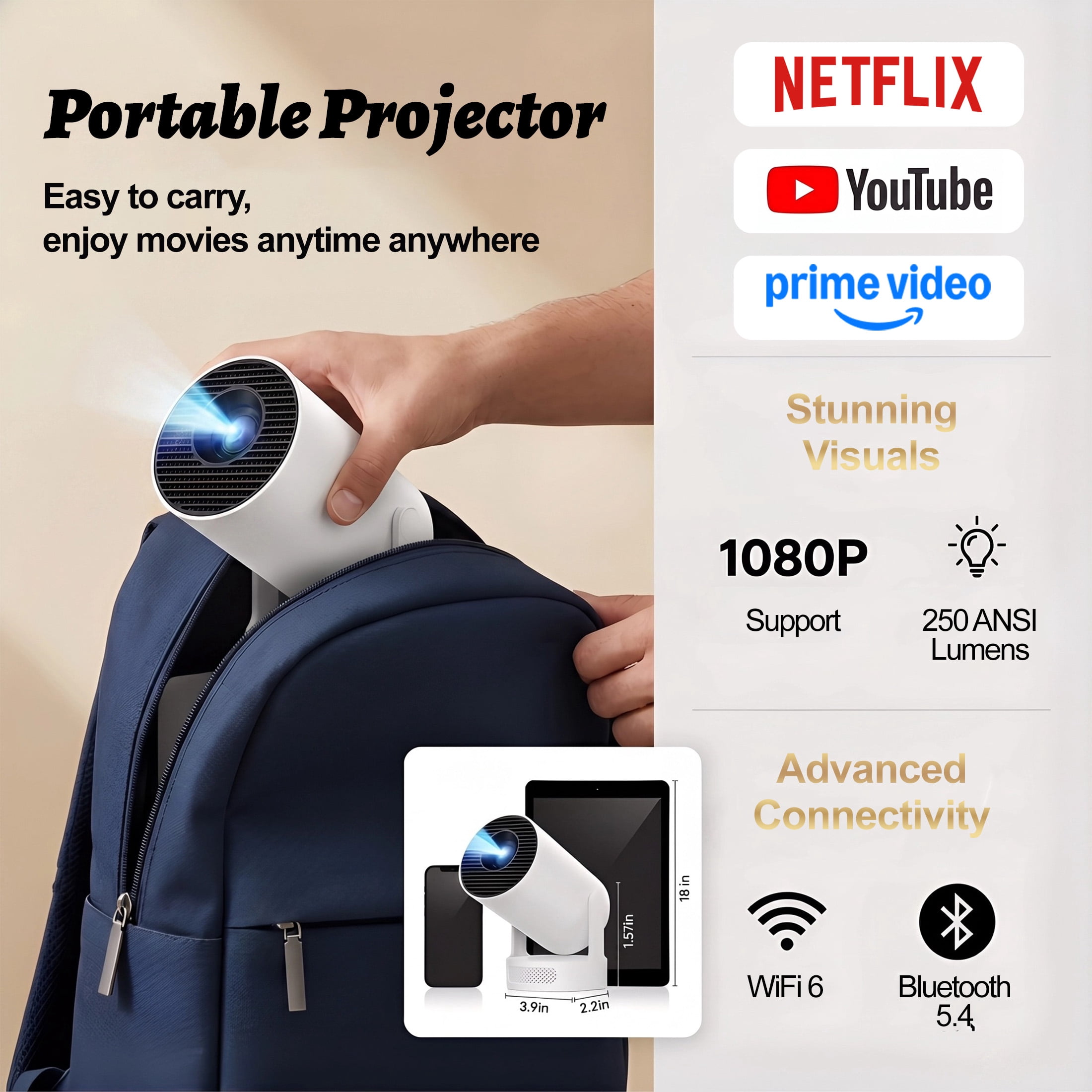 BDQ Mini Projector with WiFi & Bluetooth, 1080P Support (4K Input), Portable Smart Movie Projector for Bedroom & Outdoor, Small TV Projector for iPhone