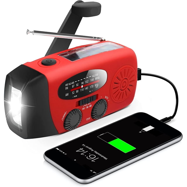 Radio de manivela de emergencia con linterna LED para emergencias, radio meteorológica portátil AM/FM con cargador de teléfono con banco de energía