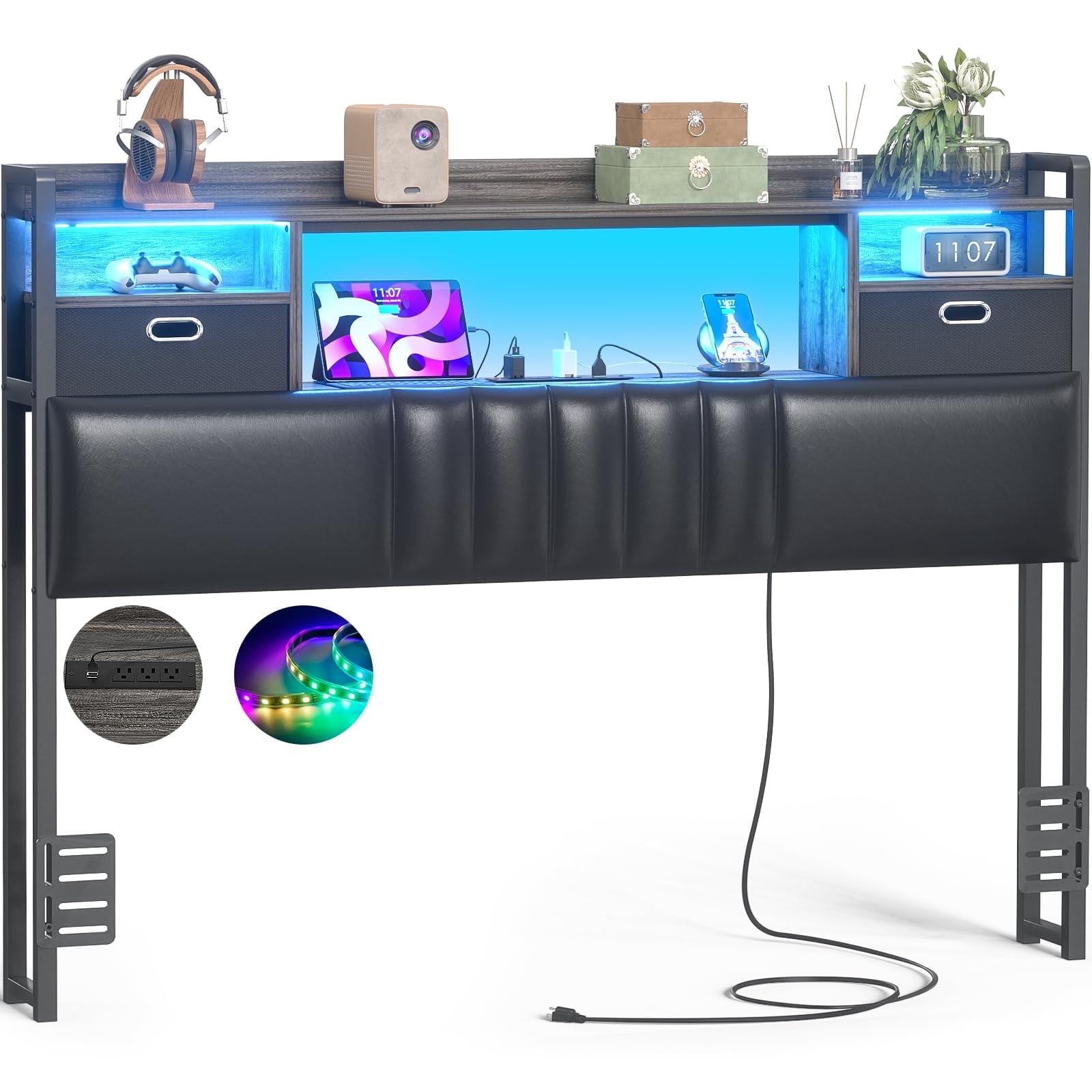 Aheaplus Full Headboard with Drawer Storage and RGB LED Light, Full Size Upholstered Headboard with Charging Station and Bookcase, for Bedroom/Dorm Room/Guest Room, Black Oak