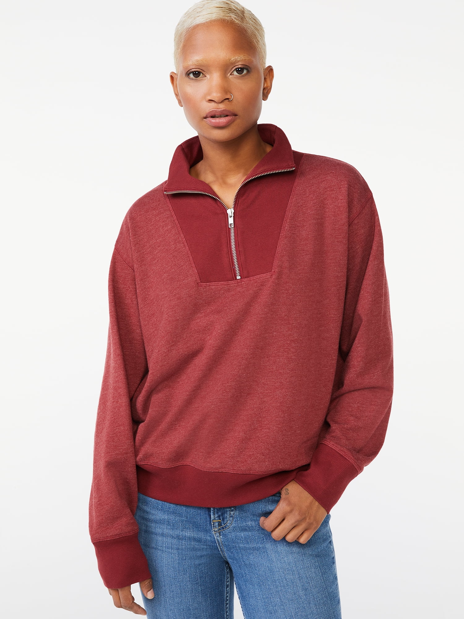 Free Assembly Women's Half Zip Sweatshirt with Collar