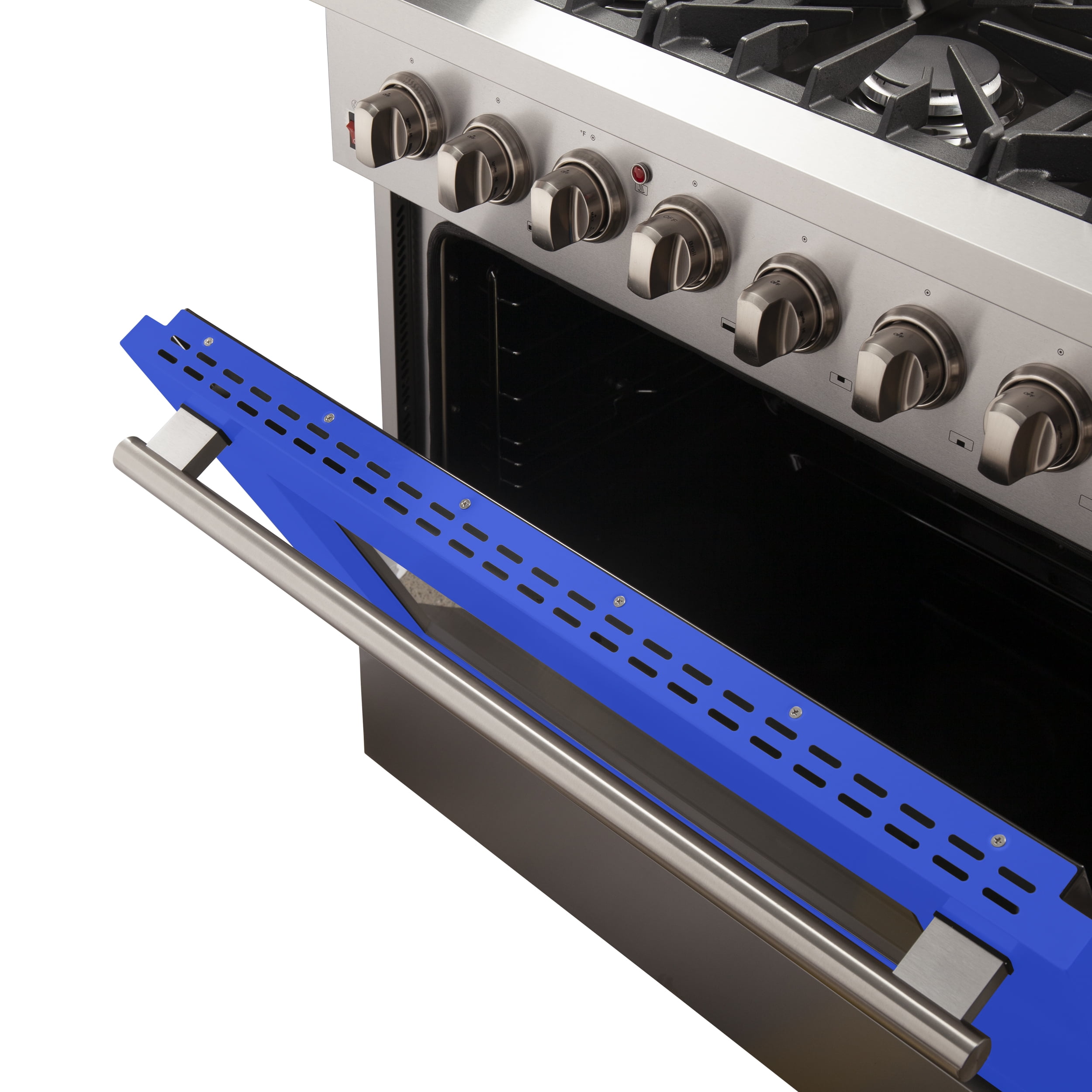 Forno Galiano 36-Inch Freestanding Dual Fuel Range, 6 Burners, Double Convection Ovens, Blue Door