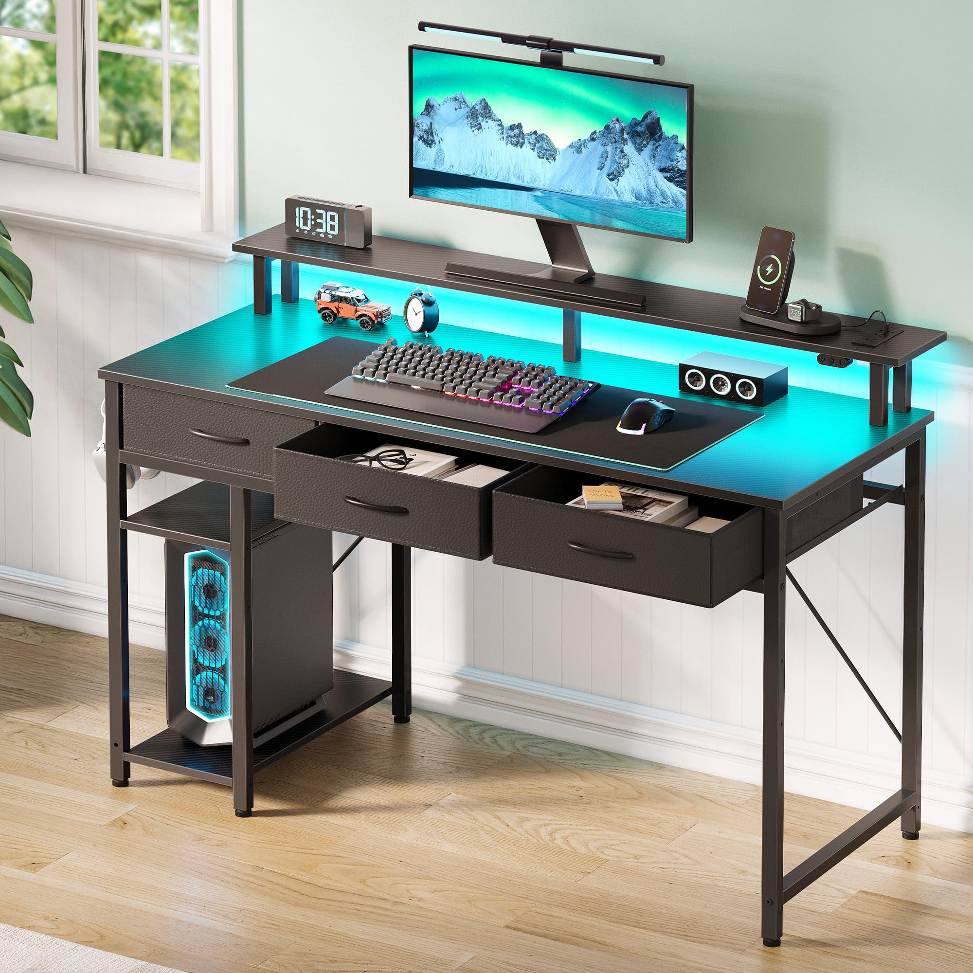 Greenstell 39" Computer Desk with Built-in Outlets & LED, 3-Drawer Office Desk with Monitor Stand, Black
