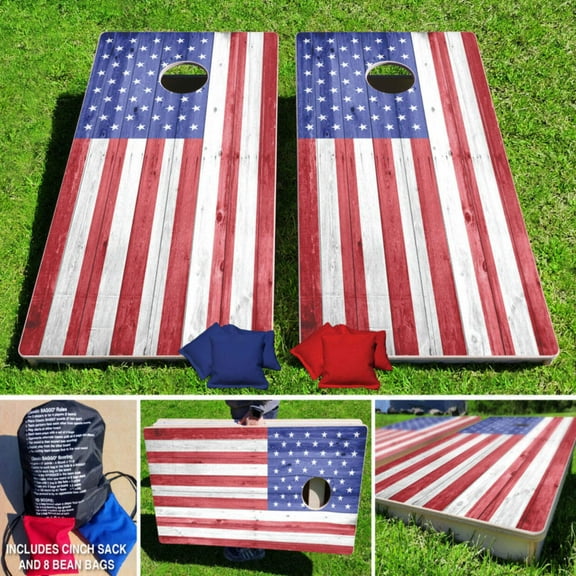 American Flag Wood Texture Pro Style Cornhole Bean Bag Toss Game 24x48 with 8 Regulation 16oz Bags