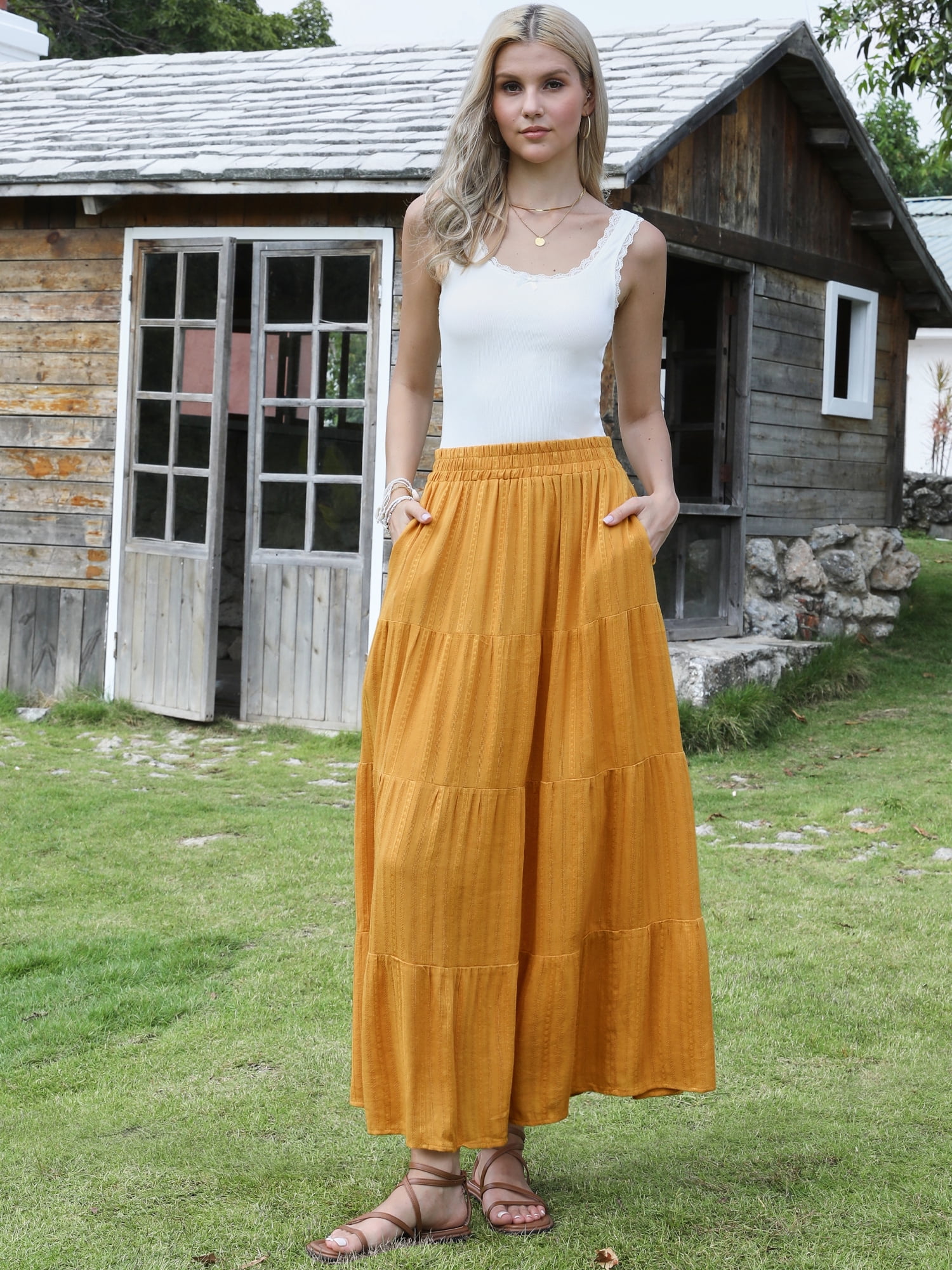 DARING DIVA Women's Summer Maxi Skirts Flowy Ruffle A-Line Skirt Medium Yellow