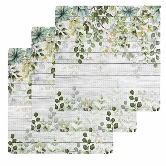 Sage Green Eucalyptus Leaves Kitchen Dish Towels for Drying Dishes Set of 3, Summer Botanical Weeping Wooden Waffle Weave Microfiber Hand Tea Bathroom Towels Quick Dry & Absorbent Towel 12x12