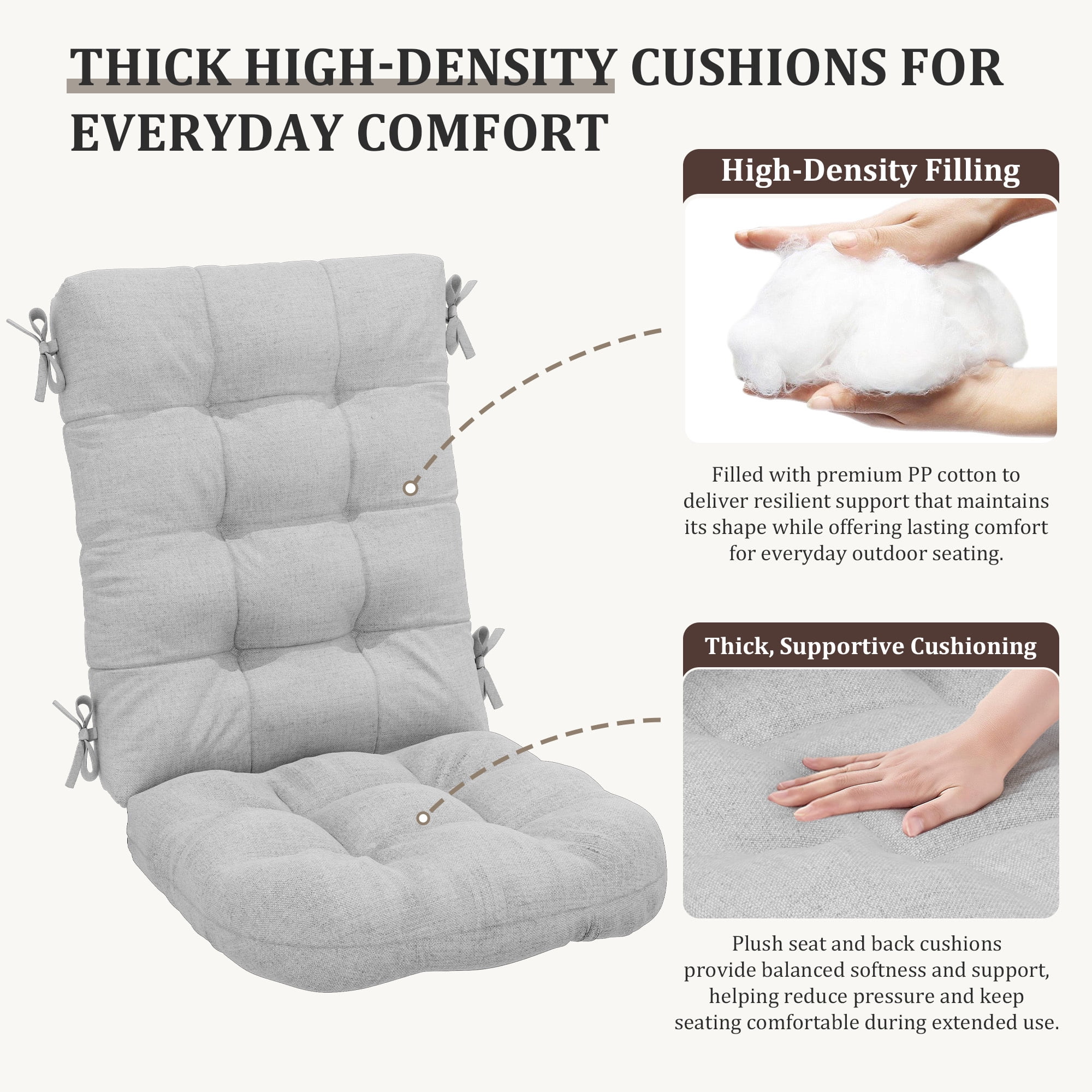FUNDAZE Outdoor Chair Cushion, 47"L x 19.9"W 1 Piece Cushion W/ Ties for Indoor Outdoor Rocking Chairs, Gray