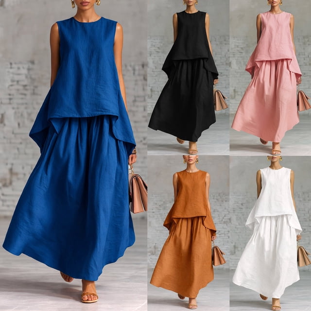 Sentmoon Ensembles d'Été Deux Pièces pour Femmes Jupes Maxi pour Femmes Jupes Midi Taille Haute pour Femmes Tendance Sans Manches Col Ras du Cou Coupe Régulière Jupes-Short Sport pour Femmes pour le Travail et le Bureau P-2TG