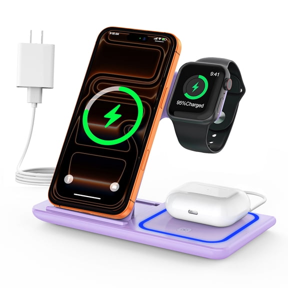 Wireless charger, 3 in 1 Wireless Charging Station for iPhone 15/14/13/12/11/Pro/Pro Max/XS, Sumsung Galaxy S23 S22 S21 S20, 18w Fast Charger Stand for iWatch 8/7/6/5/4/3, Airpods 3/2/Pro (Purple)